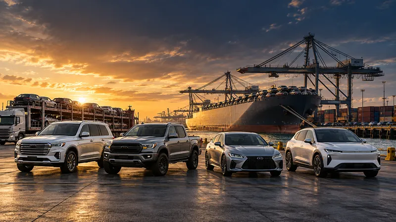 Vehicles lined up at a port